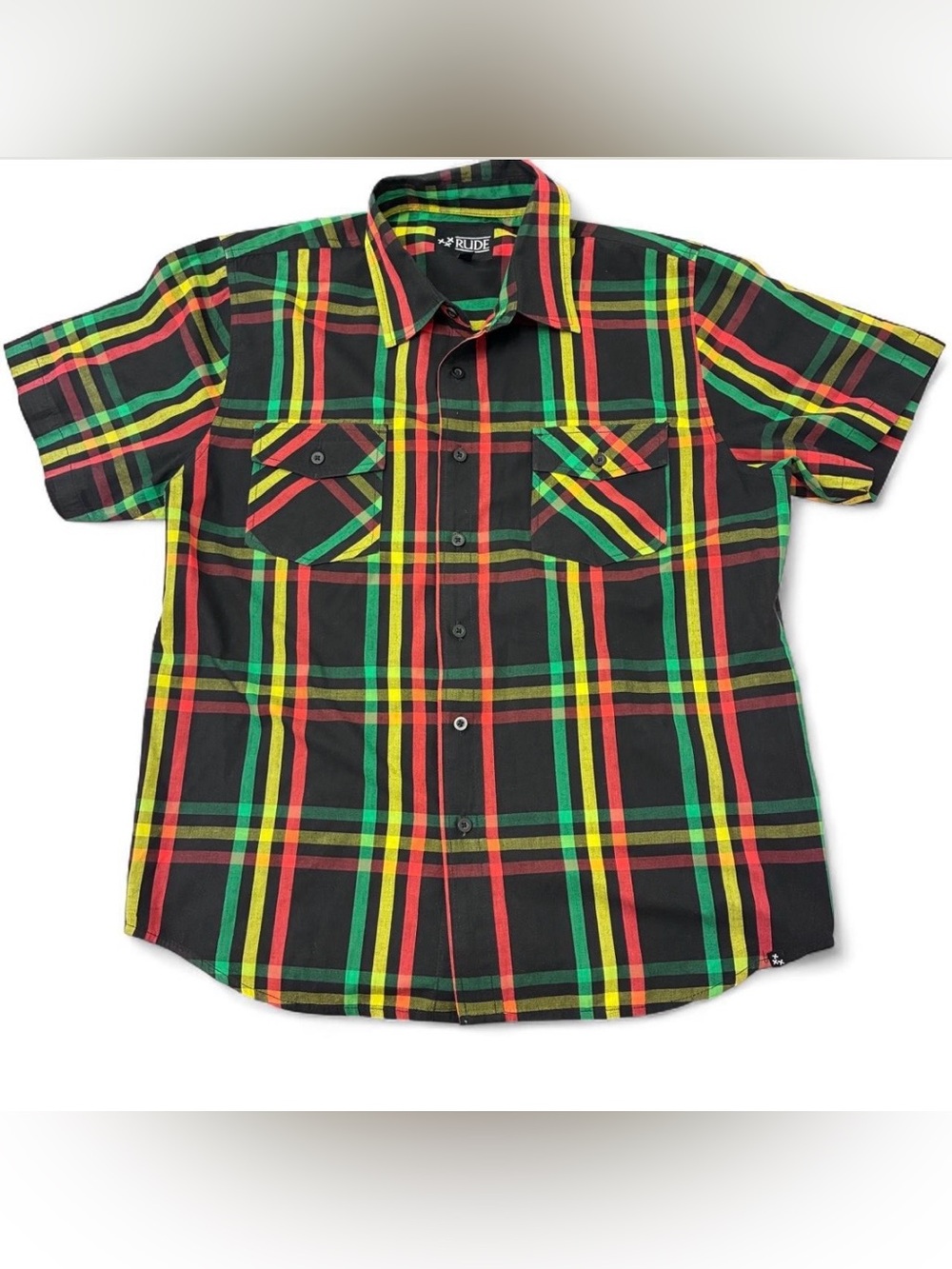 RUDE Mens Black Plaid Button-Down Shirt Red Yellow Green Stripes Grunge Ska Sz M